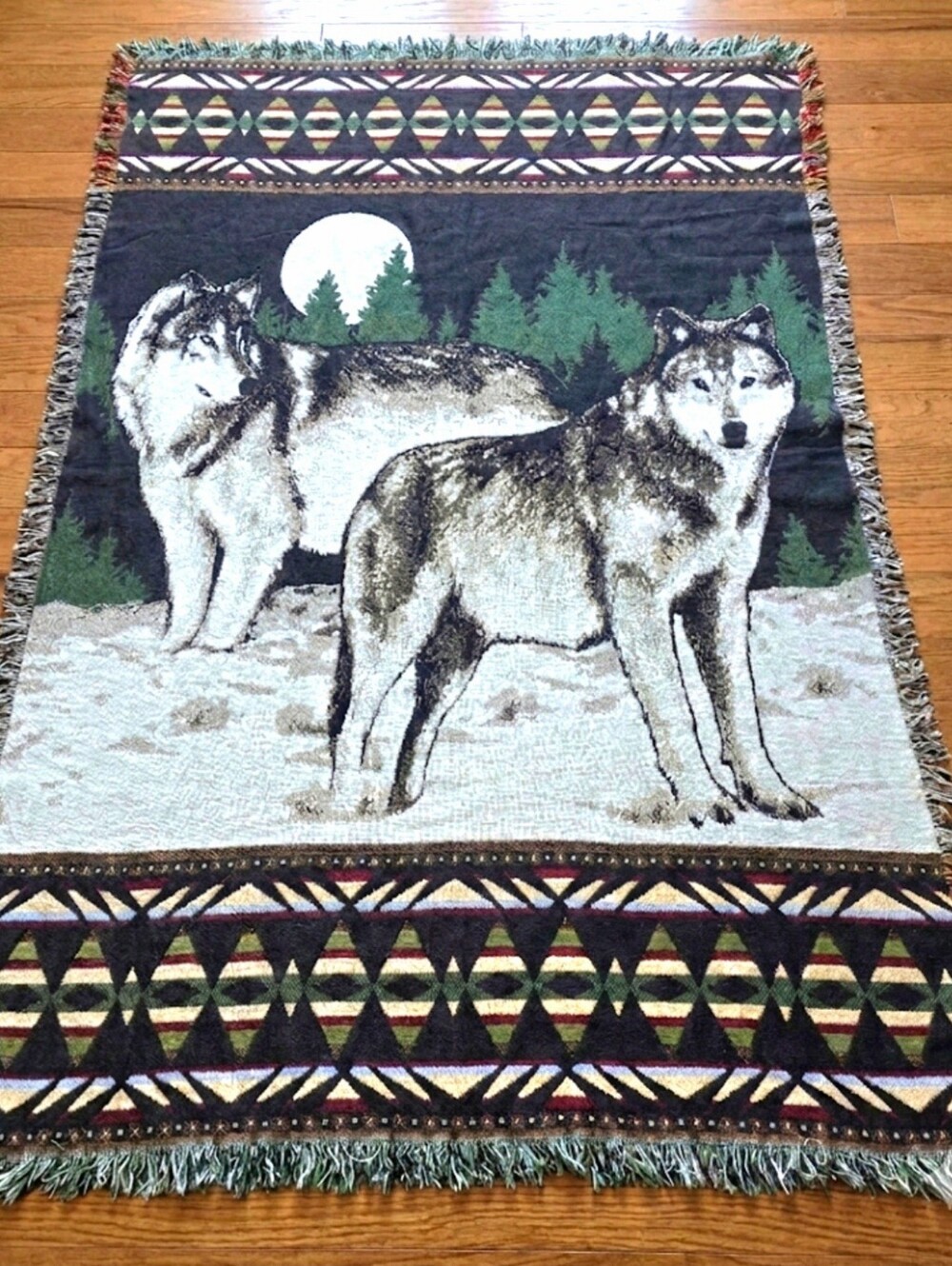 Vintage 90s Throw Blanket Wolves Moon Trim Fringe Geometric Border Lodge Cabin